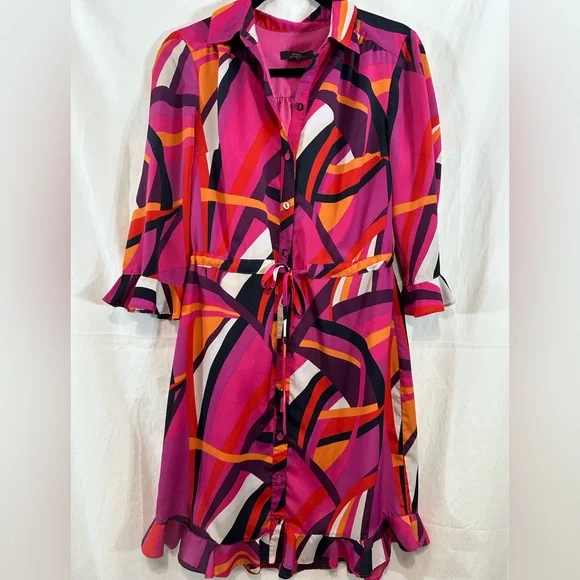 Trina Turk Nat Drawstring Shirt Dress Pink Geometric Print Size XS - Picture 2 of 16